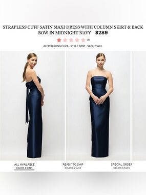 ALFRED SUNG Strapless Satin Column Gown in Midnight Navy